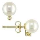   Yellow Gold 7 8mm Cultured Freshwater White Pearl and Diamond Earrings