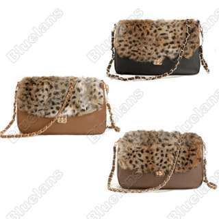   Ladies Shoulder Bag PU Faux Rabbit Fur Leopard Chain Bags Handbag Bag