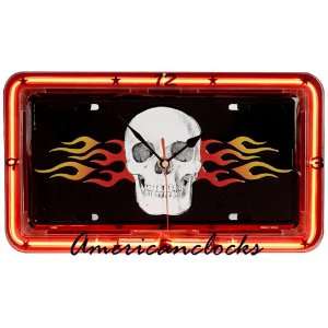  SKULL IN FLAME Neon License Plate Wall Clock  Bar Neon 