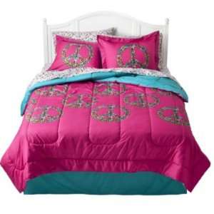  Pink Girls Flowered Peace Signs Queen Comforter Set (8 