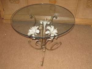 Mid Century Gilt Metal Round Lily Flower End Side Table  