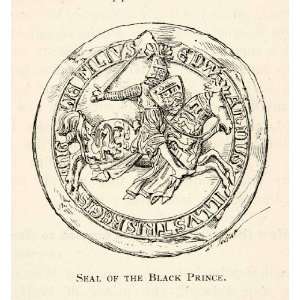 1887 Wood Engraving Seal Black Prince Medieval Historic Horse Armor 