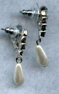 Vintage BRIDAL White DIAMOND & Pearl TEARDROP Earrings  