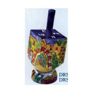  Small Painted Jerusalem in Color Dreidel and Stand   By 
