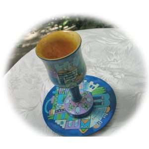  Hand Painted Wood Wooden Kiddush Cup Blue Jerusalem From 