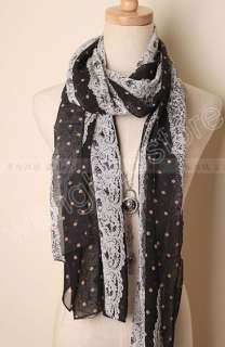 White Black Lace Dots Vintage Stole Scarf Shawl Wrap Womens Lady Silky 