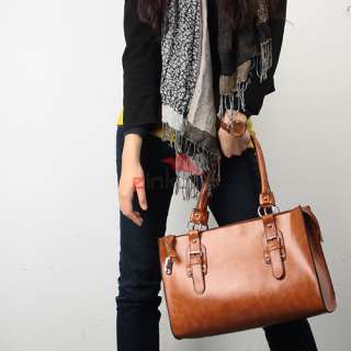 Brown Womens Dual Zipper Tote Handbag PU Leather Shoulder Bag W 