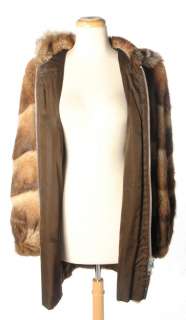 Vtg 70s Hooded Sheared Beaver Fur Leather Tunic Dress Coat w Fox Trim 