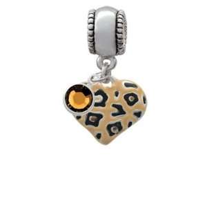 Tan Cheetah Print Heart European Charm Bead Hanger with Smoked Topaz 