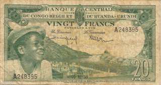 1956 Belgian Congo 20 Francs Bank Note  