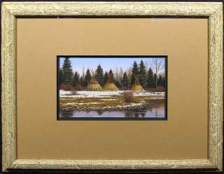 Paul Surber, Original Painting of Native American camp FRAMED submit 