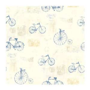   II Bicycle Postmark Toile Prepasted Wallpaper, Cream/Blue/Light Brown