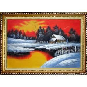 Snow Coverd Cottage in Winter Forest at Christmas Oil Painting, with 