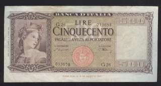 ITALY ITALIA NOTE 500 LIRE 1947 RARE BEAUTY  