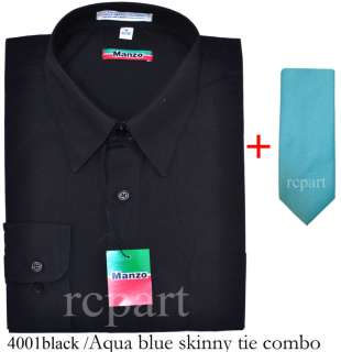 Mens Black Shirt & aqua blue skinny tie 16.536/37 L  