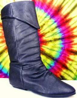 vtg 80s black leather knee hight cuffed slouch boots  