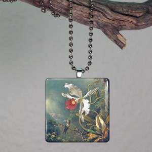 Hummingbird & Orchid Glass Tile Necklace Pendant E18  