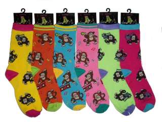 Lot of 6 Pairs Womens Quality Monkey Patterned Crew Socks   Casual 