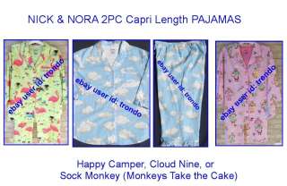 Nick & Nora SOCK MONKEY, CLOUD NINE, or HAPPY CAMPER Capri PAJAMAS 