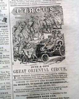   War ORIENTAL CIRCUS AD New Bedford Massachusetts MA 1851 Old Newspaper