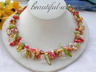 2row 19 red green yellow biwa PEARL crystal NECKLACE  