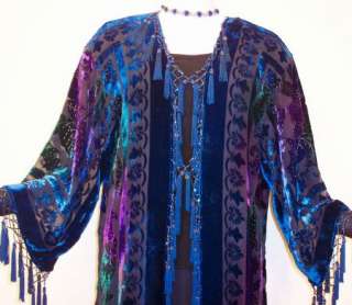Fringe Silk Velvet Jacket Kimon Bead Blue Tye Dye Long  