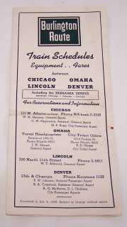   1950 BURLINGTON ROUTE TRAIN TIMETABLE SCHEDULE PRICES ZEPHYR RAILROAD