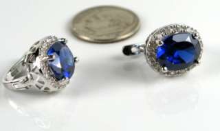 Estate Sterling Silver 3.80ctw Oval Cut Blue & White Sapphire Earrings 