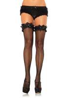 Garter Top Fishnet Thigh High Stockings with Rhinestone Bow Accent