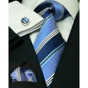   23G Navy Blue Stripes Mens Silk Tie Set Tie+Hanky+Cufflinks Exclusive