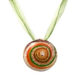  Necklace / Pendant   Round Murano Glass ~ Orange, Green 