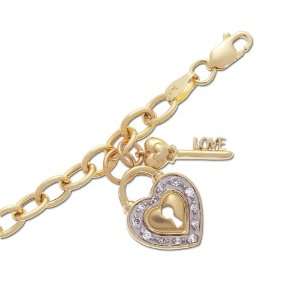  10k Yellow Gold Diamond Heart Shaped Lock and Key Bracelet 