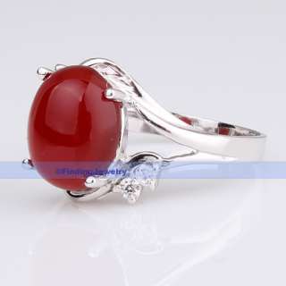 Genuine 10x8mm 2CT Oval Red Agate Silver Ring Size 7.25  