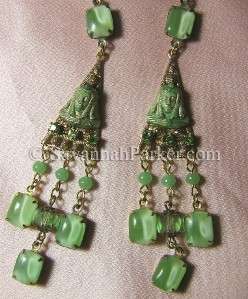   Deco Egyptian Revival Green Glass Pharaoh Moonstone Earrings  