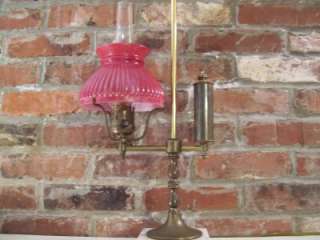 ANTIQUE VINTAGE FENTON STUDENT DESK LAMP CRANBERRY RIBBED GLOBE SHADE 