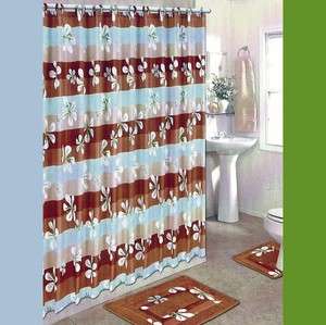 BROWN/BLUE BATH SET 2 Bath Mat/Rugs+Fabric Shower Curtain+Fabric 