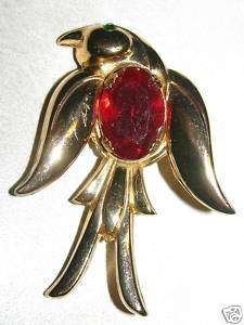 Vintage Coro Jelly Belly Bird Pin signed Red Stone Rare  