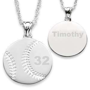  Silvertone Engraved Baseball Necklace   Personalized 