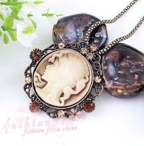 Old Bronze Plated Round Coffee Nice Lady CAMEO necklace  