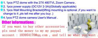  Dome camera , PTZ camera 16 Presets Sony 480TVL 27x , cctv camera