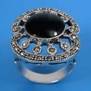   Marcasite Gemstone & Inlaid Black Onyx Ring Size 8.5 