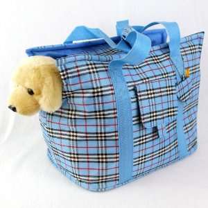    Blue Plaid Dog Puppy Cat Pet Travel Carrier Bag Tote