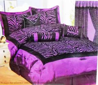 pc Purple/Black Flocked Silk Zebra Comforter Set KING  
