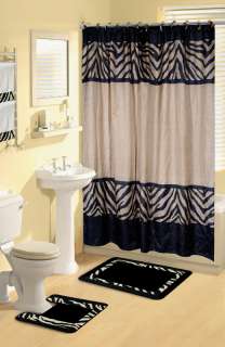 Modern Zebra Safari Animal Print 17 Pc Bath Rug Shower Curtains Hooks 