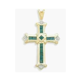    Ladies Religious Genuine Emerald and Diamond Cross Pendant Jewelry