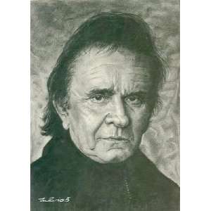 Johnny Cash Portrait Charcoal Drawing Matted 16 X 20