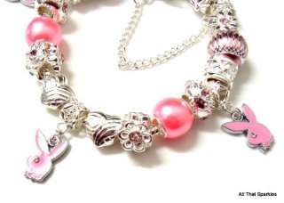 Pink Play Boy Bunny Charms Crystal European Bead Charm Bracelet  