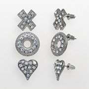 XOXO Silver Tone Simulated Crystal Heart, X and O Stud Earring Set