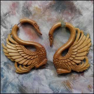 Organic Wood Fake Gauges Earrings, Beautiful Swans, Bali Detailed 
