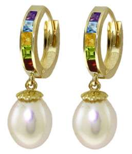 14K. Gold Natural Multi Gemstones Huggie Hoops & Cultured Pearl 